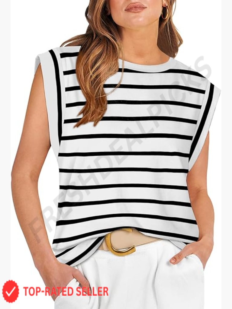 Cap Sleeve Striped Tank Top Loose Fit Business Casual Summer Tee T-Shirt 2026